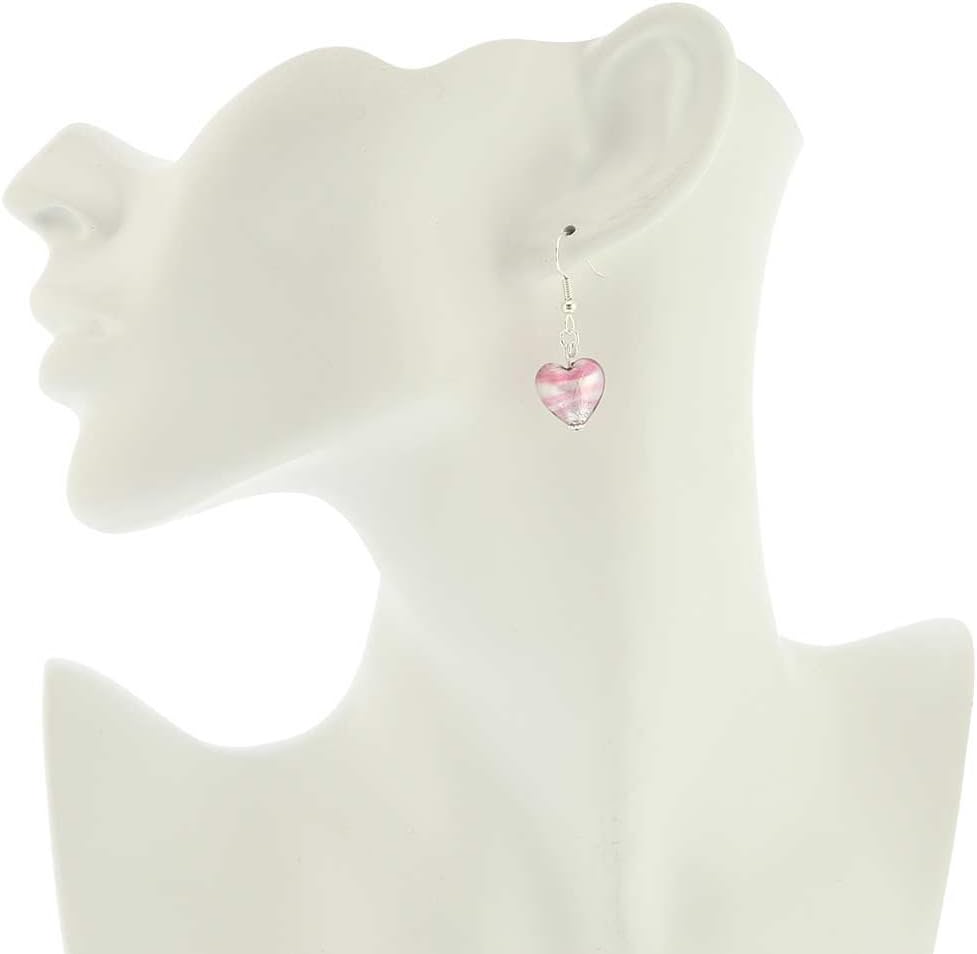 Glass Of Venice Murano Glass Heart Earrings - Striped Silver Pink