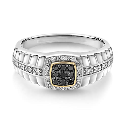 Gem Stone King Men's 925 Silver and 10K Yellow Gold White Lab Grown Diamond and Black Diamond Ring (0.19 Cttw, Available In Size 7, 8, 9, 10, 11, 12, 13)