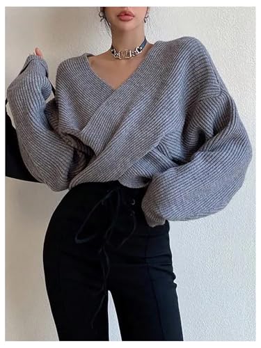 Verdusa Women's Criss Cross Wrap Sweater V Neck Long Sleeve Drop Shoulder Fall Knit Tops2