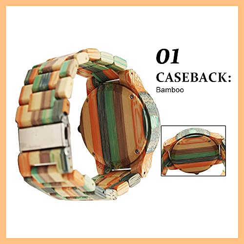 Tiong Brand Wooden Watches Mens with Handmade Colorful Bamboo Wood Watch Analog Date Quartz Wooden Watch for Men