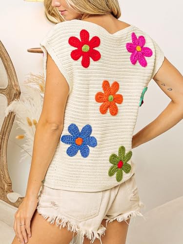 Esmeling Women’s Cap Sleeve Sweater Vest Crew Neck Sleeveless Casual Tops Crochet Flower Embroidery Knit Top2