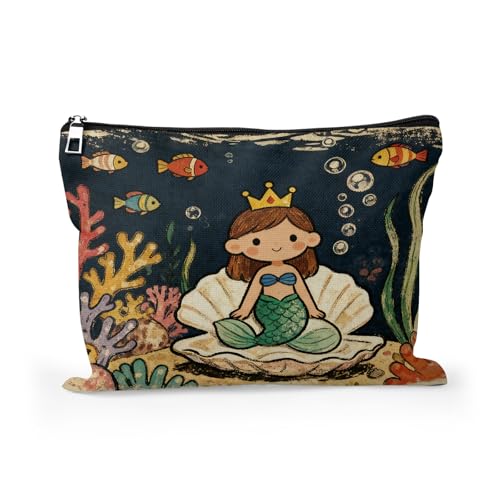 Cafl Little Mermaid Seashell Makeup Bag Travel Large Cosmetic Bag Organizer toiletry Essentials Jewelry Zipper Bag Gift For Women -10×8 inch