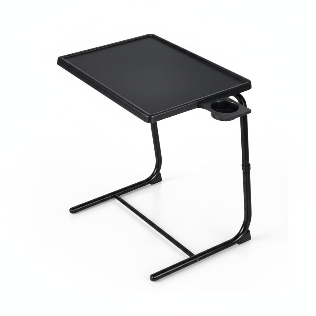 Pincho Mesa Auxiliar Sofa, Mesa Plegable, Folding Table, Mesita para Cama, Mueble Auxiliar Salón con Portavasos con Borde Elevado, Tipo C Altura Regulable Ajustable - Negra para Sofa y Cama
