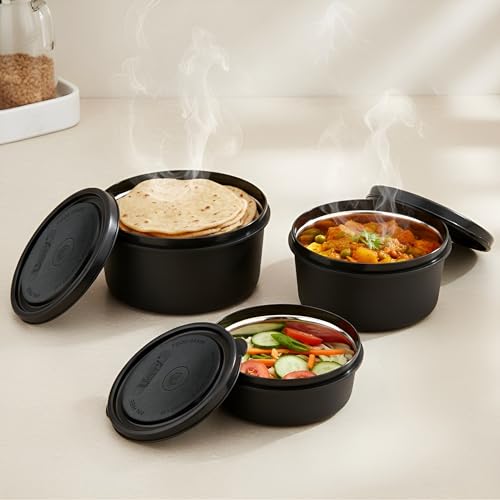 Image of Unify 3 Pieces Stainless Steel Lunch Box | Microwave Safe Leak-Proof Food Storage Containers with Lids for Office, School, Kitchen (Black, Capacity - 600ml, 400ml, 250ml)