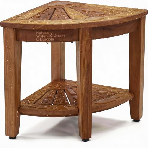 AquaTeak The Original 15.5' Kai Corner Teak Shower Bench - Shower Stool with Storage Shelf for Bathroom - Durable Water Resistant Shower Chair - Shaving Foot Rest - Indoor & Outdoor Use