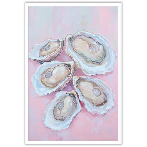 Image of Pastel Blue Oyster Shell Poster Abstract Beachy Shell Canvas Wall Art Trendy Colorful Coastal Shell Picture Prints Painting For Home Living Room Kitchen Restaurant Wall Decor 8x12in Unframed