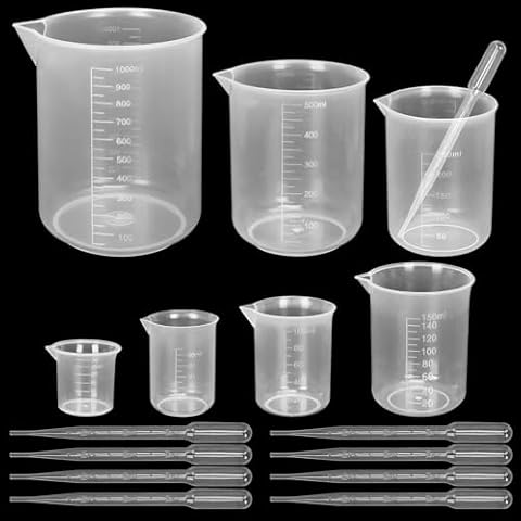 Twdrer 7 Sizes Plastic Beaker Set,Clear Measuring Graduated Liquid Container Beakers in 30ml/50ml/100ml/150ml/250ml/500ml/1000ml for Laboratory Measuring with 20 PCS Plastic Droppers in 3 ml Cover