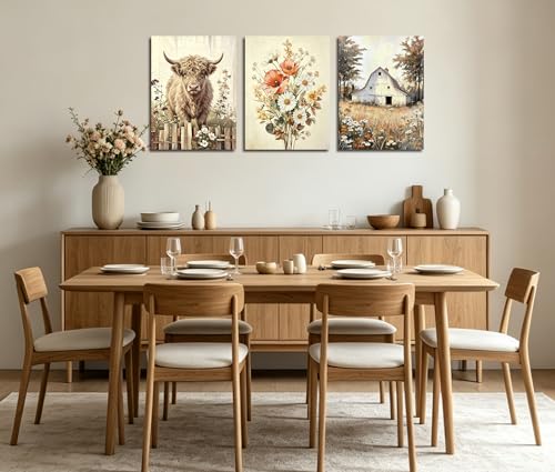 Image of Frimeeme Wildflower Farmhouse Poster Set of 3, 12x16 Inch | Highland Cow Wall Art,Unframed Prints