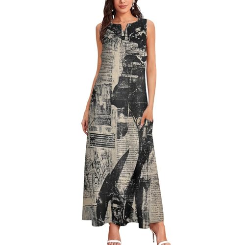 Newspaper Print Women Summer Casual Long Dress Elegant Sleeveless Beach Vacation Maxi Sundress3
