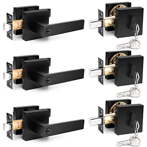 Probrico Flat Black Square Entry Levers Locksets And Double Cylinder Deadbolts Combination Set, Heavy Duty Front Door Office Entrance Levers, 3 Pack Keyed Alike(All Same Keys) #TOP13