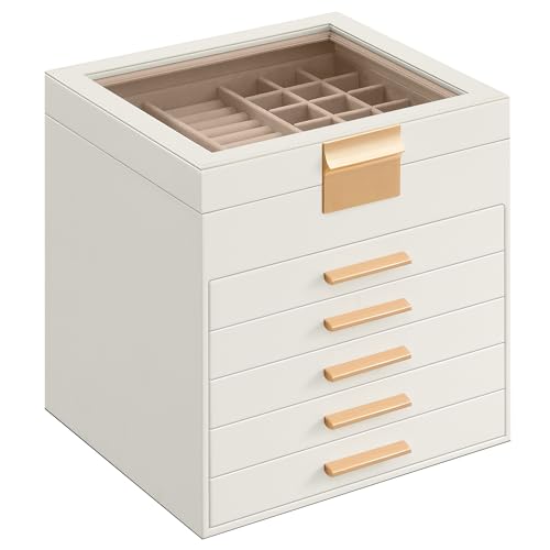 SONGMICS Caja de Joyas, Caja Joyero de 6 Niveles, Estuche de Joyería, 5 Cajones, Blanco Nube y Dorado MJBC176W01