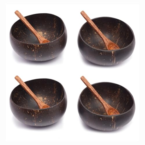 Image of Thenga Jumbo Coconut Shell Bowl - 900 ML | Eco-Friendly Handmade Bowls with Coconut Wood Spoons for Smoothies, Salads, Breakfast & More | Natural Tableware Set - 4 Bowls + 4 Spoons