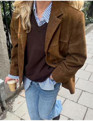 IDEALSANXUN Womens Suede Jacket Fall Winter Fashion Casual Oversized Faux Leather Blazer Jacket Trench Coat2