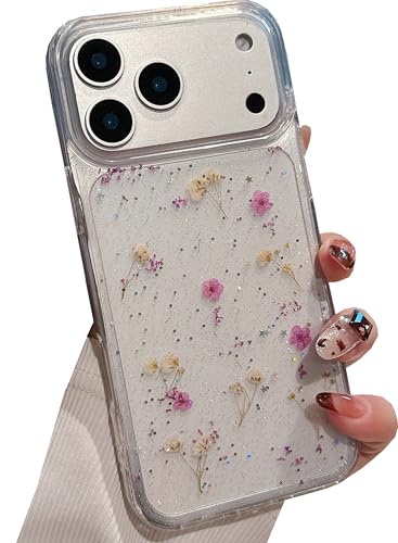 Coque iPhone 17 Pro Max avec véritables fleurs violettes pour une idée cadeau femme