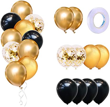 Happy Birthday Decorations Kit with Black Gold Happy Birthday Banner, Triangle Flag Bunting Banner and Confetti Latex Balloons for Men Women Girls and Boys Party Decoration Birthday Party Supplies