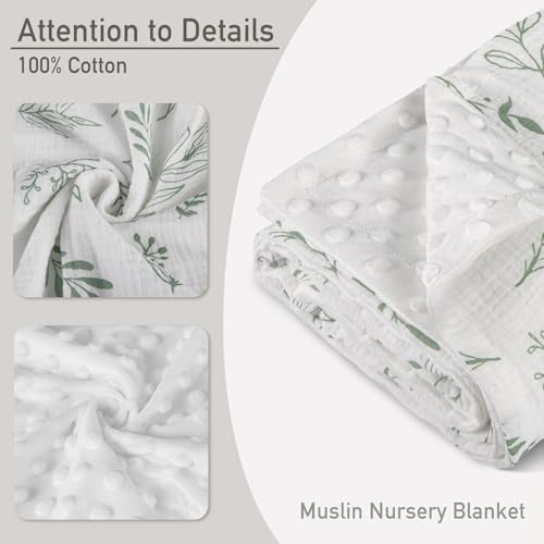 Image of GLLQUEN BABY Blankets for Boys Girls, Soft Muslin Cotton Front Dotted Fleece Backing, Nursery Minky Crib Blanket for Infant Toddler, 30 x 40 inches Throw Blanket, Green & Leaves