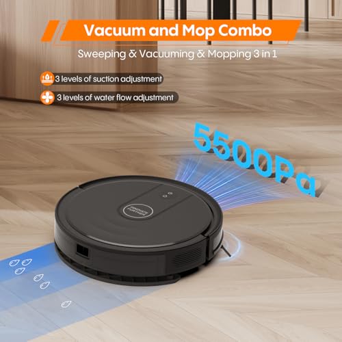 Image of Robot Vacuum and Mop 5500Pa Suction 3 in 1 Robot Vacuum Cleaner with WiFi /App /Voice, Smart Robotic Vacuums with Schedule, Self-Charging Ideal for Hard Floor, Low Pile Carpet, Pet Hair 2026 New Version