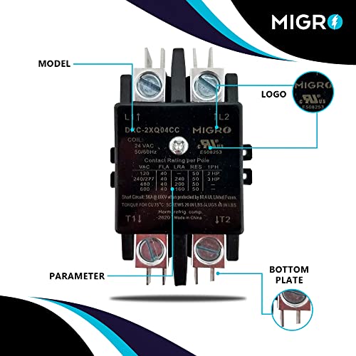 Migro 2 Pole 40 AMP Heavy Duty 24VAC Contactor Replaces Virtually All Residential 2 Pole Models (2- Year Warranty-High Quality Silver Alloy Content Contactors)