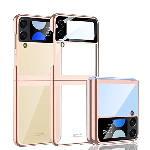 Coque pour Samsung Galaxy Z Flip 4 avec Protection de L'objectif de L'appareil Photo, Housse Transparent Cristal en PC Dur Plaqué de Luxe Anti-Rayures Anti-Chocs Mince pour Galaxy Z Flip 4 5G (Or) Cover