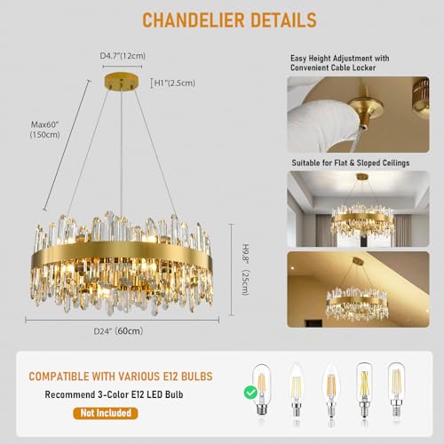 Modern Chandelier, 12-Lights 2 Tiers K9 Crystal Chandeliers for Dining Room, 24'' Gold Round Chandelier, Adjustable Chandeliers for Bedroom, Kitchen Island Pendant Lights Living Room