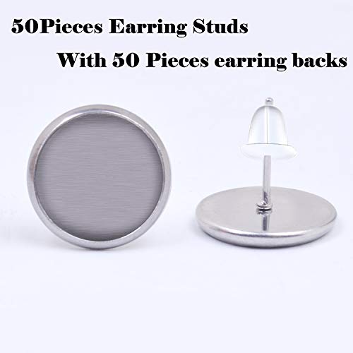 Bronagrand 50 Pieces Stainless Steel Stud Silver Earring Cabochon Setting Post Cup For 12Mm And 50 Pieces Clear Rubber Earring Safety Backs #TOP4