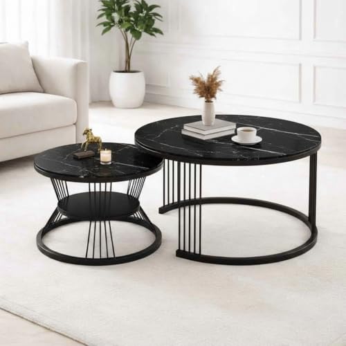 Image of Round Coffee Table Set of 2 for Living Room Wooden Top with Gold Metal Frame Modern Nesting Center Table for Sofa Area Home & Office Furniture (Full Black)
