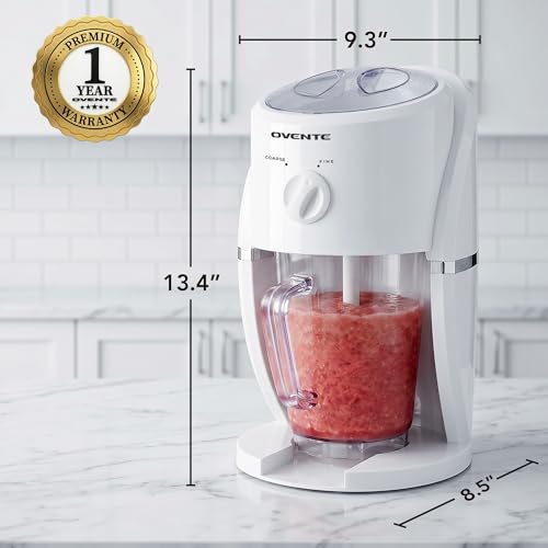 Image of OVENTE Shaved Ice Machine, Electric Ice Shaver with 2 Shaving Settings, Blending Jar /Serving Pitcher, Easy to Use Slushy & Snow Cone Maker for Homemade Treats, Frozen Cocktails & More, White ICR2037W
