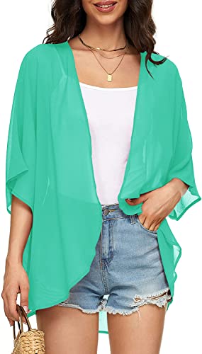 Image of Indian Trendy Women's Solid Puff Sleeve Kimono Cardigan Loose Cover Up Casual Blouse Top Chiffon