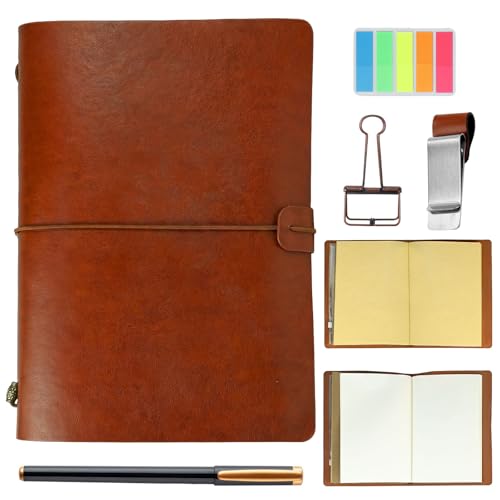 Leather Notebook Journal Set Travel Journal for Men Women Travelers Notebook with Blank Paper Kraft Inserts Pen Pen Clip Multi-function Pouch Gifts for Men Women Green&Brown A5&A6 (Brown A5)