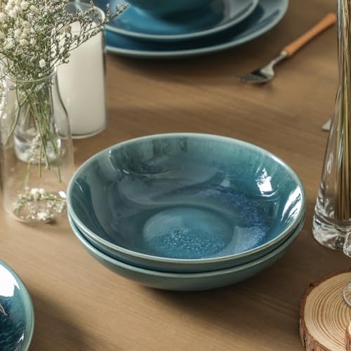 Image of Stone Lain Riley 16-Piece Dinnerware Set Stoneware, Plates and Bowls Set, Dishwasher and Microwave Safe, Dish Set for 4, Blue