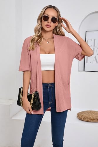 Image of Iandroiy Women's Lightweight Open Front Cardigans Casual Short Sleeve Blouse Tops