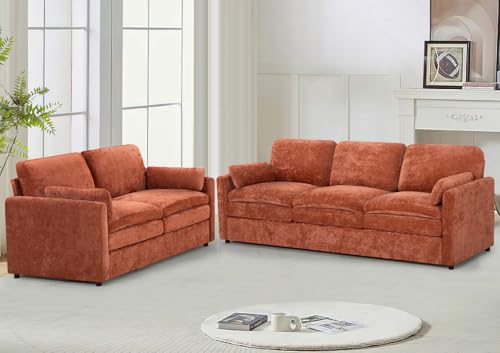 Lesofair 2 Pieces Chenille Couch Set with Well-Filled Pillows, Modern 3 Seats and 2 Seats Sofa with Soft Backrests, Classic Upholstered Sectional Couch with Thickened Cushions for Living Room, Orange