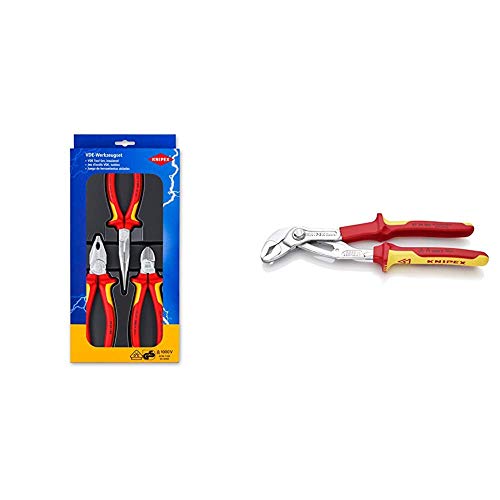 Knipex 00 20 12 – Elektro-Paket mit drei VDE-geprüften Zangen & 87 26 250 Cobra - Hightech-Wasserpumpenzange mit Schnelleinstellung, isoliert, VDE, 250 mm