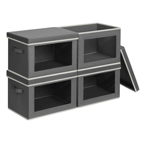 Homsorout 4 Pack Storage Boxes with Lids - Foldable Storage Cubes with Transparent Window Fabric Organiser Basket for Toys Clothes Books Closet Dark Grey