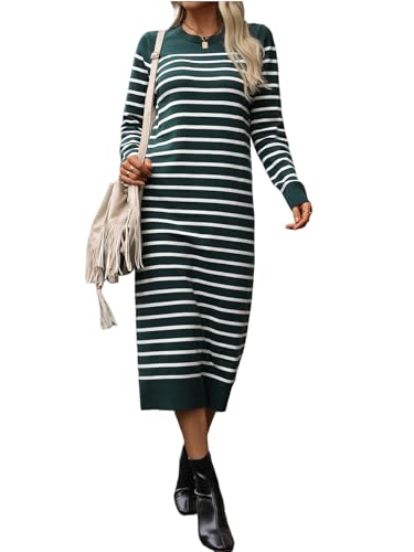 Image of Long Sweater Dress for Women Loose Knitwear Striped Long Dresses Stylish Autumn and Winter Outfits