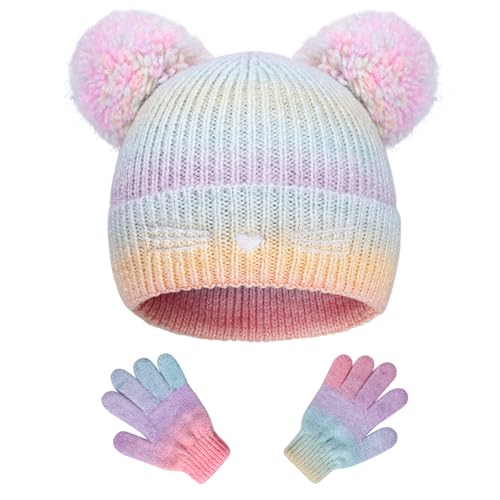 Kids Winter Knit Hat Cat Embroidery Beanie Hat Gloves Set with Double Pompom for Girls 3-14 Years