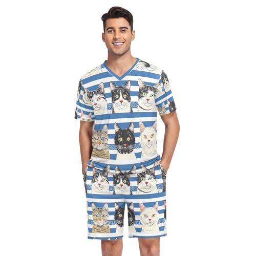 Men's Pajama Set Cats on Blue White Striped Short Sleeve with Shorts Pockets Sleepwear Set Summer Loungewear
