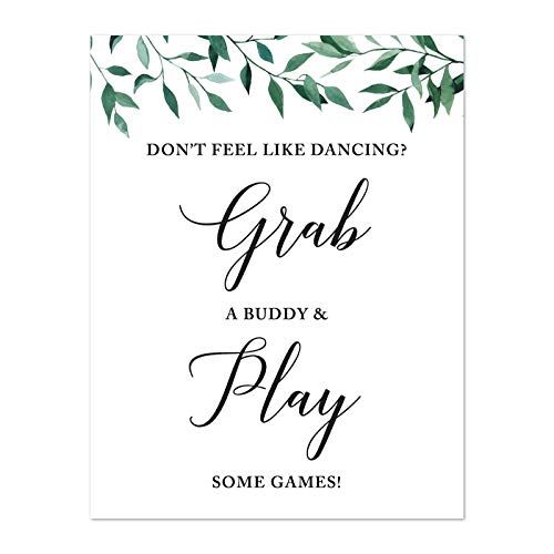 Andaz Press Wedding Party Signs, Natural Greenery Green Leaves, 8.5x11-inch, Don't Feel Like Dancing? Grab a Buddy and Play Some Games!, 1-Pack