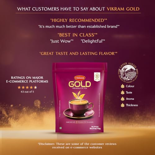 Image of VIKRAM Gold Premium CTC Tea | Blended With 5 Unique Types Of Leaves From Upper Assam And Enriched With Orthodox Leaves | Rich & Aromatic Chai | Premium Black Tea Powder | 1Kg