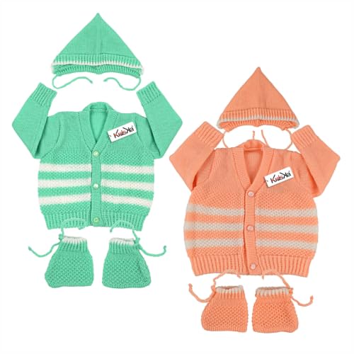 Image of Baby Winter Sweater | Wool Knit Full Sleeve Cardigan for Babies | Soft Warm Winter Clothing for Newborn Boys Girls & Toddlers Combo Orange and Green (3 to 6 Months) Pack of 2