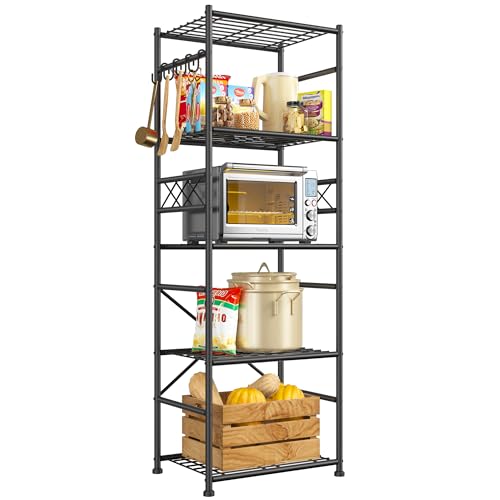 Image of DurayLoly Metal Shelving with Hooks & Side Panel for Pantry Storage, 5-Tier | More dense wire diameters, Reinforcing Ribs, Leveling Feet, easy assembly, 550LBS Heavy Duty Shelving, Kitchen Laundry Room