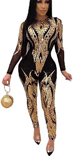 OLUOLIN Women Sexy Sparkly Sequins Lace up Backless Deep V Neck Sleeveless Bodycon Long Jumpsuit Romper Clubwear XX-Large