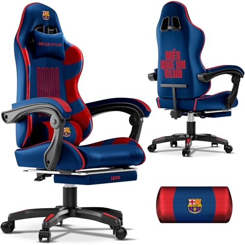JUPPLIES Silla Gaming FC Barcelona Oficial - Silla Gamer Ergonómica Reclinable 135º, Cojín Memory Foam, Reposapiés Retráctil y Altura Ajustable para PC, Consola y Escritorio Juvenil (sin masajeador)