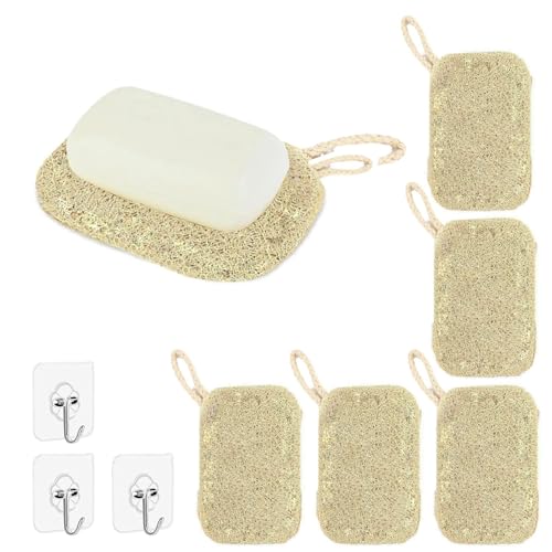 LERANXIN Esponjas de Luffa Naturales, 6 Piezas Esponja Vegetal, Color Madera Luffa Estropajo Cocina, con Cuerda para Colgar y 3 Ganchos Transparentes, para Limpiar Vajilla