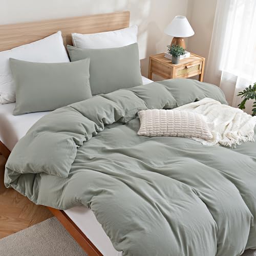 Image of TOCOMOA Muslin Duvet Cover 100% Cotton Like Linen Texture Breathable Soft Comfy 3-Piece Sage Green Comforter Cover Bedding Set (Queen 90 inchx90 inch, Comforter Not Included)