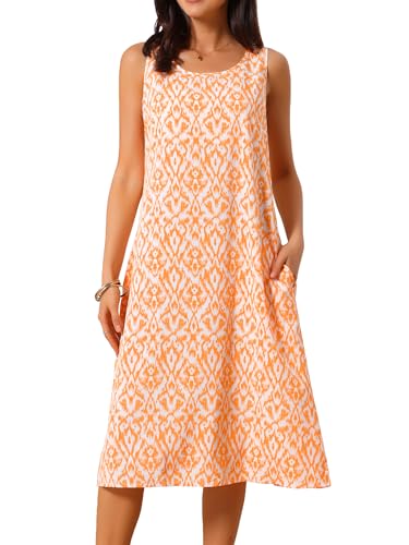 Image of Seta T Women's Summer Dresses Beach Casual Sleeveless Sundress Crewneck Print Loose Midi Tank Dress with Pockets