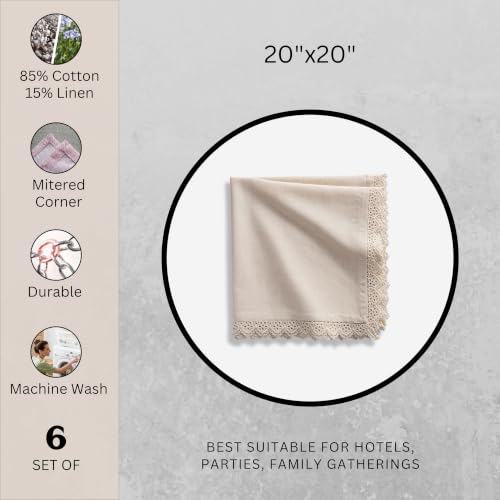 Image of FINGERCRAFT Table Cloth Napkins, Set of 6, 20x20 Inch Cotton Linen Napkins with Ivory Trim Lace Edge, Reusable Washable Dinner Napkins for Wedding, Festive Dining, Farmhouse Parties & Home Decor