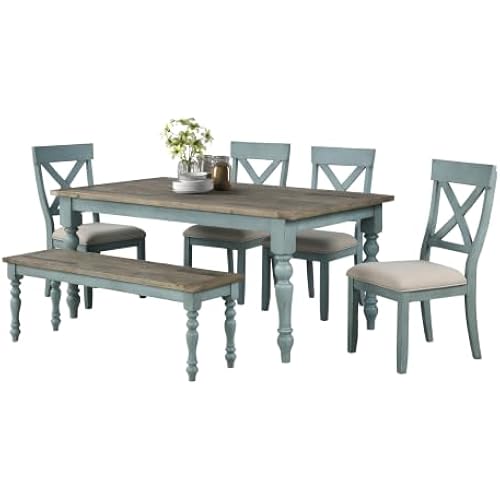 Roundhill Furniture Prato 6-Piece Dining Set, Dining Table with 4 Cross Back Chairs and Bench, Antique Blue and Distressed Walnut Finish