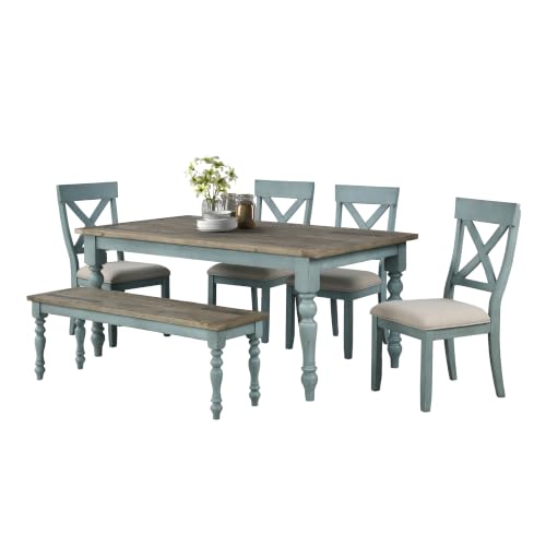 Roundhill Furniture Prato 6-Piece Dining Set, Dining Table with 4 Cross Back Chairs and Bench, Antique Blue and Distressed Walnut Finish