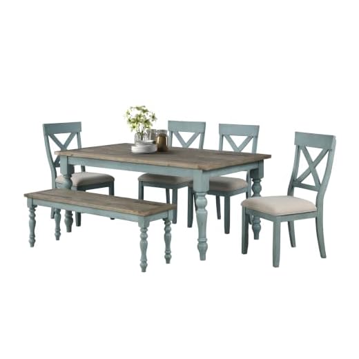 Roundhill Furniture Prato 6-Piece Table Set with Cross Back Chairs and Dining Bench, Multicolor